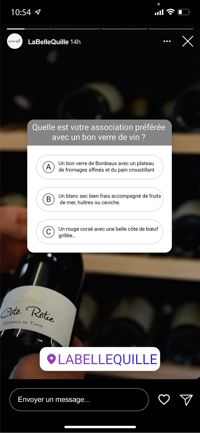 Story Instagram interactive La Belle Quille avec un quiz sur les accords mets et vins.
