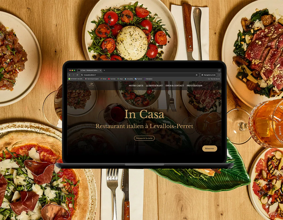 Projet Webdesign In Casa - Accueil Aperçu de la refonte du site internet In Casa, restaurant italien à Levallois-Perret.