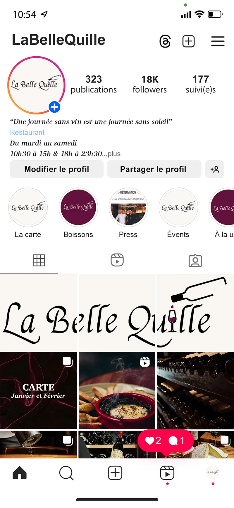 Aperçu du profil Instagram La Belle Quille montrant la biographie, les stories à la une et la grille de publications.